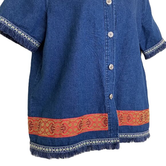 HL Design Fringed Denim Chambray Shirt Ribbon Trim Short Sleeves Vintage 90s - Picture 8 of 8